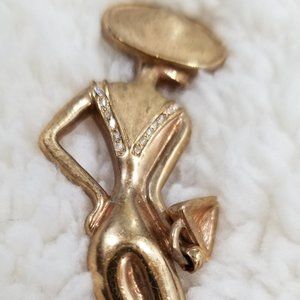 Vintage Golden Woman Wearing a Hat and Holding a Purse Brooch/Pin Signed LR